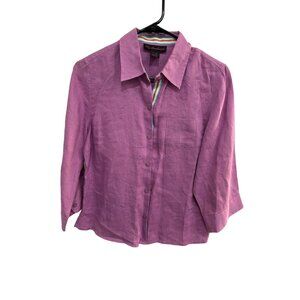 Lily Stanhope Purple Linen Button-Up Shirt 3/4 Sleeve Size Medium Minimalist